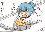  1girl :d barefoot blue_hair commentary_request labcoat open_mouth personification ponytail signature smile solo translation_request tsukigi twitter vacuum_cleaner yellow_eyes 