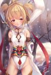  1girl ahoge anchira_(granblue_fantasy) blonde_hair blush cowboy_shot detached_sleeves earrings fukai_ryousuke granblue_fantasy jewelry looking_away monkey_ears monkey_tail red_eyes sash shawl short_twintails snowing solo tiara twintails 