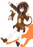  1girl :3 ;d absurdres ahoge amano_kouki animal_costume animal_ears arm_up black_hair breasts brown_shoes clenched_hands collar commentary_request fake_animal_ears fake_animal_tail highres jewelry long_sleeves looking_at_viewer monkey_costume monkey_ears monkey_tail note-chan one_eye_closed open_mouth original shadow shoes simple_background smile tail thigh-highs violet_eyes white_background zettai_ryouiki zipper 