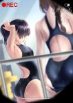  2girls absurdres adjsuting_swimsuit adjusting_hair ass black_hair braid brown_hair competition_swimsuit hairband highres long_hair mouth_hold multiple_girls one-piece_swimsuit original ponytail recording standing swimsuit toumin viewfinder 