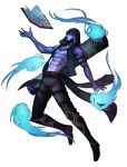  1boy alternate_costume bald beard black_hair blue_eyes blue_skin book boots facial_hair highres hoodie league_of_legends ryze shirtless solo tattoo transparent_background 