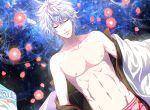  1boy closed_eyes flower gintama groin haneru jacket_off_shoulders male_focus petals sakata_gintoki shirtless silver_hair solo upper_body 