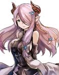 1girl bare_shoulders black_gloves blue_eyes braid breasts darkers demon_horns elbow_gloves gloves granblue_fantasy hair_ornament hair_over_one_eye horns large_breasts lavender_hair long_hair looking_at_viewer narumeia_(granblue_fantasy) pointy_ears sketch smile solo 