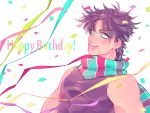  1boy confetti happy_birthday jojo_no_kimyou_na_bouken joseph_joestar_(young) jukuta_tsu midriff purple_hair scarf solo 