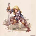  1girl agrias_oaks blonde_hair blue_eyes boots braid final_fantasy final_fantasy_tactics gloves long_hair rock solo sword tagme weapon 