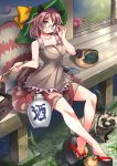  1girl :3 animal_ears ball bare_arms bell bottle collarbone cup futatsuiwa_mamizou glasses hat looking_at_viewer open_door origami paper_crane pince-nez pipe raccoon_ears raccoon_tail sake_bottle shirt sitting skirt sleeveless sleeveless_shirt solo tail tanuki teacup teapot touhou tray umigarasu_(kitsune1963) veranda 