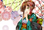  1girl brown_hair flower geroro green_eyes hair_flower hair_ornament japanese_clothes kimono original solo 