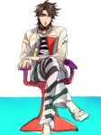 1boy brown_hair caesar_anthonio_zeppeli_(cosplay) chikusawa cosplay jojo_no_kimyou_na_bouken joseph_joestar_(young) shirt sitting solo striped striped_shirt 