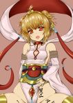  1girl anchira_(granblue_fantasy) bare_shoulders blonde_hair blush breasts colored_eyelashes detached_pants detached_sleeves granblue_fantasy hair_ornament hairband highres lein looking_at_viewer monkey_ears monkey_tail open_mouth orange_eyes short_hair sideboob sitting small_breasts solo two_side_up 