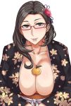  black_beat breasts brown_eyes brown_hair cleavage glasses highres japanese_clothes kagami_mochi kimono large_breasts lips long_hair looking_at_viewer simple_background smile white_background 