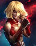  1girl blonde_hair blue_eyes exposed_muscle female_titan fighting_stance highres shingeki_no_kyojin short_hair smile snk solo stef_tastan 