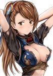  1girl :&lt; arms_behind_head beatrix_(granblue_fantasy) blush breasts brown_eyes brown_hair cleavage collar granblue_fantasy large_breasts long_hair looking_at_viewer nannacy7 simple_background solo torn_clothes upper_body white_background 