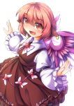  1girl animal_ears bird_wings brown_dress dress fang fun_bo juliet_sleeves long_sleeves looking_at_viewer mystia_lorelei open_mouth outstretched_arms puffy_sleeves red_eyes redhead shirt smile solo touhou wings 