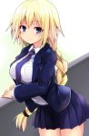  1girl blonde_hair blush braid breasts dress_shirt fate/grand_order fate_(series) female jacket large_breasts long_hair looking_at_viewer necktie ruler_(fate/apocrypha) sen_(astronomy) shirt simple_background single_braid skirt smile solo very_long_hair violet_eyes white_background 