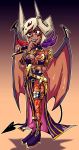  1girl bare_shoulders blush breasts cia_(zelda_musou) cleavage dark_skin demon_girl demon_tail demon_wings horns jewelry large_breasts lips long_hair red_eyes setz smile solo tail tattoo tattoo_tights tattooed_breast the_legend_of_zelda white_hair wings zelda_musou 