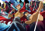  1boy belt blue_hair cape fingerprint grin gurren-lagann highres kamina kamina_shades katana lens_flare male_focus mecha over_shoulder pointing sarashi shirtless smile sunglasses sword sword_over_shoulder tattoo tengen_toppa_gurren_lagann weapon weapon_over_shoulder zeke_(analogmon) 