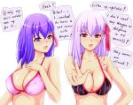  1girl bikini blush breasts dark_persona dark_sakura dual_persona english fate/stay_night fate_(series) hair_ribbon hand_on_own_chest index_finger_raised ixmmxi long_hair looking_at_another matou_sakura pink_hair purple_hair red_eyes ribbon scolding speech_bubble swimsuit tattoo type-moon upper_body violet_eyes 