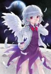  1girl album_cover ama-tou angel_wings bow brooch cover dress earth feathers hand_to_own_mouth highres jacket jewelry kishin_sagume long_sleeves looking_at_viewer moon open_clothes open_jacket purple_dress red_eyes silver_hair single_wing solo space touhou wings 