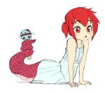  1girl artist_request blush dress lamia monster_girl open_mouth rattle red_eyes redhead simple_background sketch solo triangle_mouth twrlare 