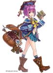  1girl artist_request bag book boots character_request copyright_request full_body hat holding long_sleeves open_mouth plaid plaid_skirt pleated_skirt purple_hair shoulder_bag simple_background skirt sleeve_cuffs socks solo violet_eyes white_background wind_lift 
