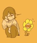  androgynous blush chara_(undertale) flower flowey_(undertale) hand_on_own_face mamaito naughty_face shirt squatting striped striped_shirt undertale you_gonna_get_raped 