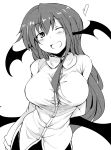  1girl absurdres bat_wings breasts chata_maru_(irori_sabou) demon_girl head_wings heart highres koakuma large_breasts long_hair monochrome one_eye_closed simple_background solo succubus touhou white_background wings 