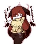  1girl beer_can blush_stickers breasts can chibi commentary_request contemporary demon_girl demon_wings drunk head_wings kamibukuro koakuma large_breasts long_hair looking_at_viewer pants red_eyes redhead ribbed_sweater solo sweater text touhou translation_request wings 