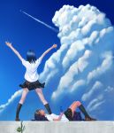  2girls airplane bag bent_knees black_legwear black_skirt blue_hair bottle brown_eyes brown_hair clouds collared_shirt condensation_trail highres holding holding_bottle jet kneeling kome_(okome-smile) legs_apart loafers looking_up lying multiple_girls on_back original outdoors outstretched_arms plant pleated_skirt ramune school_bag school_uniform shirt shoes short_hair skirt sky standing water_bottle white_shirt wind_lift 