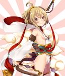  1girl :3 absurdres ahoge anchira_(granblue_fantasy) bangs blonde_hair blush breasts cleavage_cutout clouds detached_sleeves earrings from_side granblue_fantasy hair_intakes highres jewelry karasuma_yayoi long_sleeves looking_at_viewer monkey_ears monkey_tail red_eyes rising_sun shawl short_hair sideboob small_breasts solo staff sunburst white_legwear 