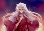  1boy animal_ears blood blood_on_face bloody_hands demon_boy dog_ears floating_hair gradient gradient_background grin inuyasha inuyasha_(character) japanese_clothes long_hair male_focus miyanagi_(pixiv5327774) silver_hair smile solo very_long_hair wide_sleeves yellow_eyes 