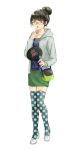  1girl :o bag bangs between_breasts black_eyes black_hair blunt_bangs blush changye choroko_(osomatsu-san) collarbone fan finger_to_mouth full_body green_skirt hair_bun high_heels holding hood_down hooded_jacket jacket knees_together_feet_apart long_hair long_sleeves looking_at_viewer miniskirt open_clothes open_jacket osomatsu-san paper_fan pencil_skirt polka_dot polka_dot_legwear shoes shoulder_bag simple_background skirt solo standing thigh-highs uchiwa white_background white_shoes 