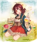  1girl 2016 :d absurdres atelier_(series) atelier_sophie bonnet book brown_eyes brown_hair coat copyright_name dated flask highres kneeling looking_at_viewer open_mouth red_skirt short_hair skirt smile solo sophie_neuenmuller umecchi 