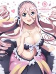 1girl blue_eyes breasts copyright_name drill_hair hand_on_own_chest head_fins highres large_breasts long_hair maid_headdress mermaid meroune_lorelei midriff monster_girl monster_musume_no_iru_nichijou official_art open_mouth pink_hair pointy_ears scales smile solo very_long_hair webbed_hands 