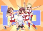  4girls arm_up bike_shorts blonde_hair blush brown_hair elbow_pads ginyu_force_pose girls_und_panzer gym_shirt hairband headband isobe_noriko kawanishi_shinobu knee_pads kondou_taeko long_hair looking_at_viewer multiple_girls open_mouth outstretched_arms ponytail red_legwear sankuma sasaki_akebi shirt shoes short_shorts shorts sleeveless smile sneakers socks sportswear spread_arms squatting volleyball volleyball_uniform 