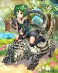  1girl bare_shoulders eikou_no_guardian_battle green_eyes green_hair highres madogawa short_hair sitting wariza 