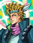  1boy blonde_hair caesar_anthonio_zeppeli facial_mark green_eyes halftone halftone_background headband jacket jojo_no_kimyou_na_bouken male_focus mangokappu scarf signature smile solo upper_body winged_hair_ornament 