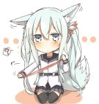  1girl ? alternate_hairstyle animal_ears blush chibi commentary_request dog_ears dog_tail grey_eyes hammer_and_sickle hibiki_(kantai_collection) kantai_collection kemonomimi_mode long_hair looking_at_viewer nonono_(basasi21) ribbon school_uniform seiza silver_hair sitting skirt solo spoken_question_mark tail thigh-highs twintails verniy_(kantai_collection) 