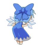  1girl animated animated_gif ass_shake barefoot blue_eyes blue_hair blush_stickers bow cirno daniel_renard dress from_behind hair_bow hands_on_hips ice ice_wings looking_at_viewer looking_back lowres ribbon short_hair smile solo touhou transparent_background wings 