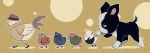  animalization bird blue_eyes chain chick chicken dog earrings gakuran hat headband iggy_(jojo) jean_pierre_polnareff jewelry jojo_no_kimyou_na_bouken joseph_joestar kakyouin_noriaki kuujou_joutarou mohammed_avdol morphin_e outline school_uniform shirt sweatdrop walking 