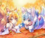  2girls :d animal_ears autumn autumn_leaves blonde_hair blue_eyes blue_hair coat dated detached_sleeves dog_ears dog_tail fox_ears fox_tail hat japanese_clothes korin_(shironeko_project) koyomi_(shironeko_project) long_hair miko mittens multiple_girls mushroom open_mouth rei_(kinokotype) shironeko_project short_hair smile tail yellow_eyes 