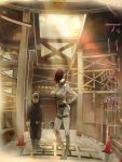  1boy 1girl boots breasts brown_hair chromatic_aberration factory gloves hardhat helmet large_breasts light_rays ponytail sasaki_(sidonia_no_kishi) science_fiction sidonia_no_kishi sunbeam sunlight tagme uniform yoh_irie 