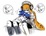  1boy 1girl bike_shorts blue_hair boots closed_eyes comforting crying domino_mask goggles goggles_on_head headphones icon inkling knee_boots layered_clothing long_hair long_sleeves mask orange_hair pointy_ears shirt short_hair short_sleeves shorts single_vertical_stripe sitting smile splatoon squid sweatdrop tears tentacle_hair topknot zoza 