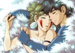  1boy 1girl armlet ashitaka bare_shoulders blanket brown_hair collarbone commentary couple earrings emi_(green_wave) facepaint facial_mark fur hairband holding_hands hug jewelry light_particles mononoke_hime open_mouth san scar short_hair sleeping studio_ghibli topless under_covers upper_body 