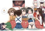  6+girls :d ;d akagi_(kantai_collection) anchor anchor_symbol ass back black_gloves black_hair black_legwear blonde_hair blue_eyes blue_hair blue_skirt blush braid breasts brown_eyes brown_hair capelet check_commentary closed_eyes commentary_request crossed_arms eating food fruit gloves graf_zeppelin_(kantai_collection) hair_between_eyes hair_ornament hair_ribbon hairband hat hiryuu_(kantai_collection) japanese_clothes kaga_(kantai_collection) kantai_collection katsuragi_(kantai_collection) kotatsu large_breasts long_hair mandarin_orange miniskirt multiple_girls muneate necktie nontraditional_miko one_eye_closed one_side_up open_mouth pantyhose peaked_cap pleated_skirt ponytail red_skirt ribbon sama_samasa short_hair shoukaku_(kantai_collection) side_ponytail sidelocks silver_hair single_braid sitting skirt sleeping smile souryuu_(kantai_collection) straight_hair table twintails uniform unryuu_(kantai_collection) very_long_hair zuikaku_(kantai_collection) 