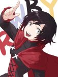  1girl black_hair cape corset dress gradient_hair grey_eyes looking_at_viewer multicolored_hair muzy pointing pointing_up redhead ruby_rose rwby smile 