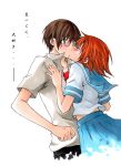  1boy 1girl bangs blue_eyes blush closed_eyes ginnoturu hetero highres higurashi_no_naku_koro_ni kiss looking_at_another maebara_keiichi marker_(medium) orange_hair ryuuguu_rena school_uniform serafuku shirt short_hair skirt traditional_media translated white_shirt 