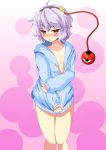  1girl :o absurdres ahoge blush collarbone embarrassed flat_chest hairband heart highres hoodie komeiji_satori looking_at_viewer glasses9071 naked_hoodie red_eyes short_hair simple_background sleeves_past_wrists solo third_eye touhou violet_eyes 