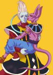 2boys animal_ears armband artist_name beerus blue_skin carrying cat_ears cat_tail cheek_licking claws dragon_ball dragon_ball_z earrings face_licking jewelry licking male_focus multiple_boys neck_ring one_eye_closed purple_skin raku220p robe signature smile tail whis white_hair wrist_cuffs 
