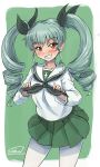  1girl alternate_costume anchovy blush drill_hair girls_und_panzer green_hair grin long_hair looking_at_viewer pantyhose red_eyes ribbon school_uniform smile solo solokov_(okb-999) twin_drills twintails white_legwear 