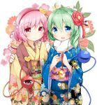  2girls alternate_costume bag blue_eyes clown_222 floral_print flower green_hair hair_flower hair_ornament hairband heart japanese_clothes kimono komeiji_koishi komeiji_satori long_sleeves looking_at_viewer multiple_girls obi open_mouth pink_eyes pink_hair sash silver_hair smile textless third_eye touhou wide_sleeves 